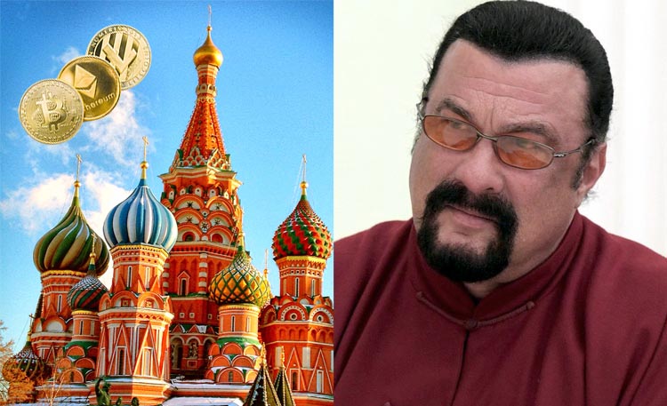 Steven Seagal next to Moscow skyline and crypto coins