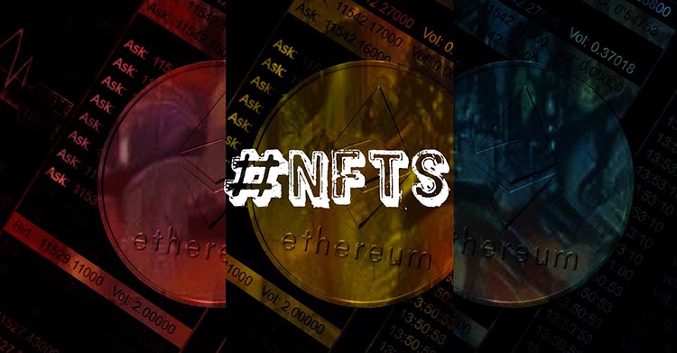 NFT hashtag over colored crypto coins